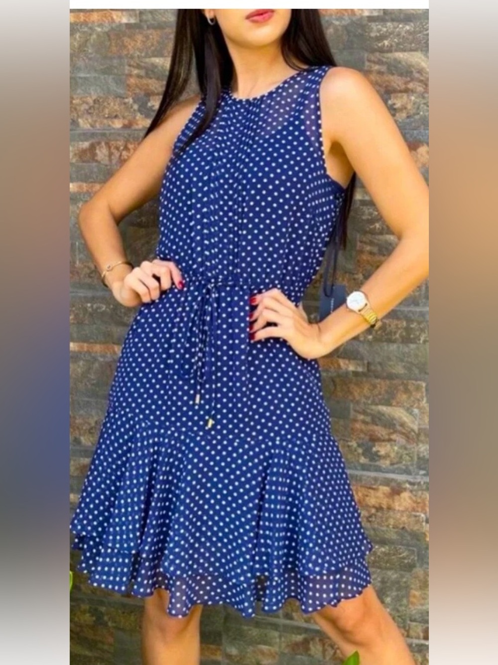 Tommy Hilfiger Navy and White Polka Dot Drawstring Mini Dress